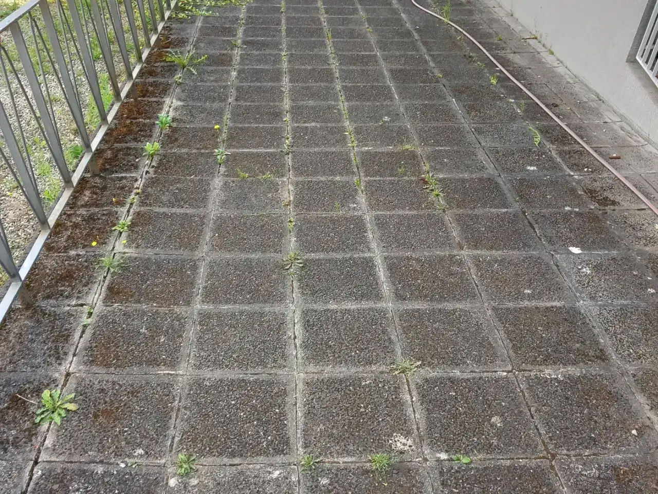 Vorher: Zufahrt/Rampe Betonplatten mit Geländer, Zustand vor der Reinigung