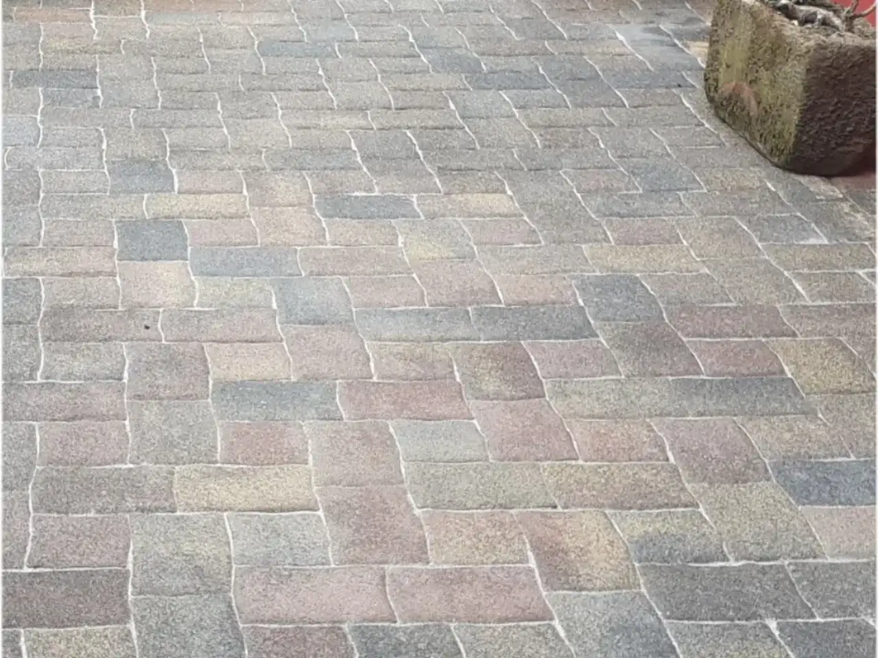 Nachher: Hauszugang aus kleinformatigem Betonpflaster in gemischten Rot-, Grau- und Beigetönen, die Steinfarben sind klar erkennbar, am rechten Rand steht ein bemooster Steintrog vor einer roten Wand