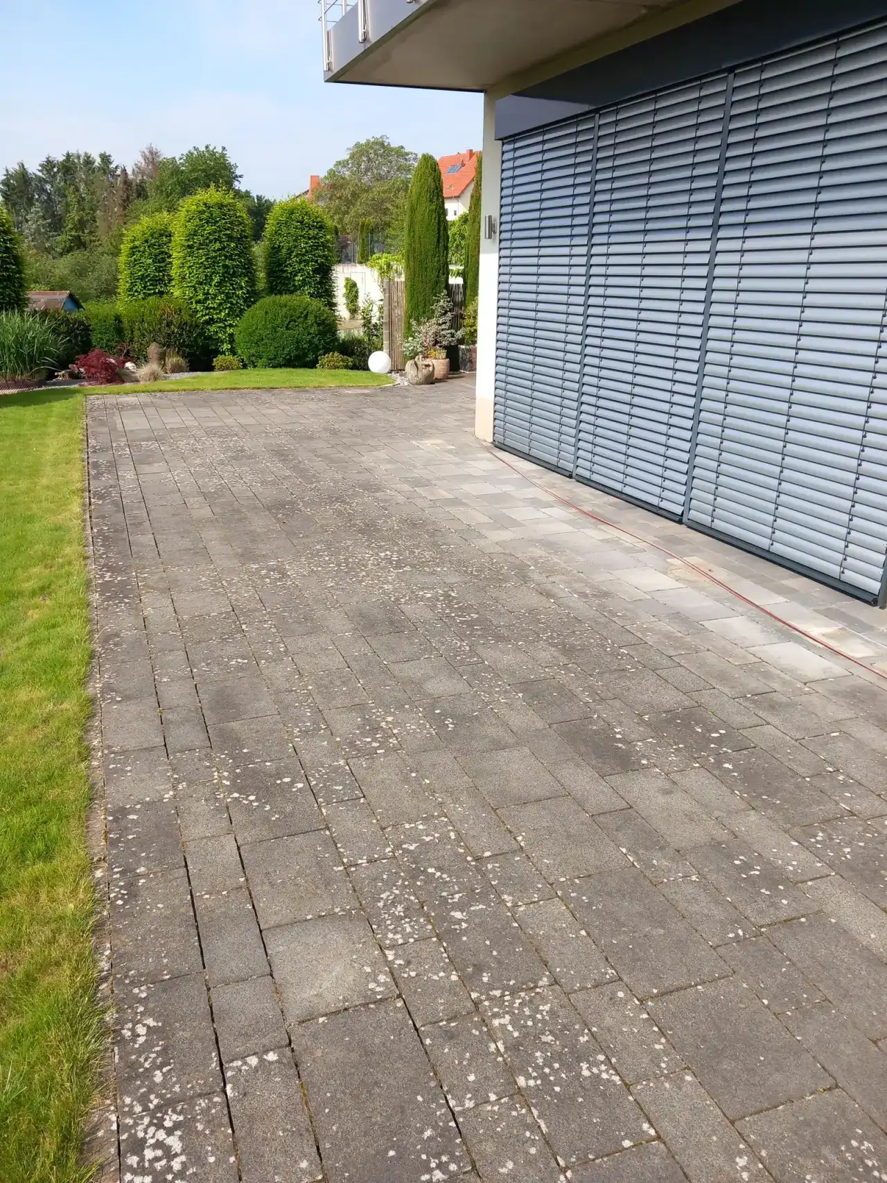 Weg aus großformatigen grauen Platten entlang einer Hauswand mit Rollläden, der Belag ist dicht mit hellen Flechtenflecken übersät, links Rasen